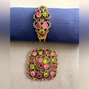 Vintage Sarah Coventry Gold/Pink/Green Bracelet & Brooch- on trend this season!